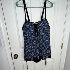 Cacique Geometric One Piece Swimsuit 40C Blue Built-In Bra Adjustable Straps